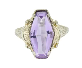 1920's Art Deco Amethyst 14 Karat White Gold Hexagonal Ring