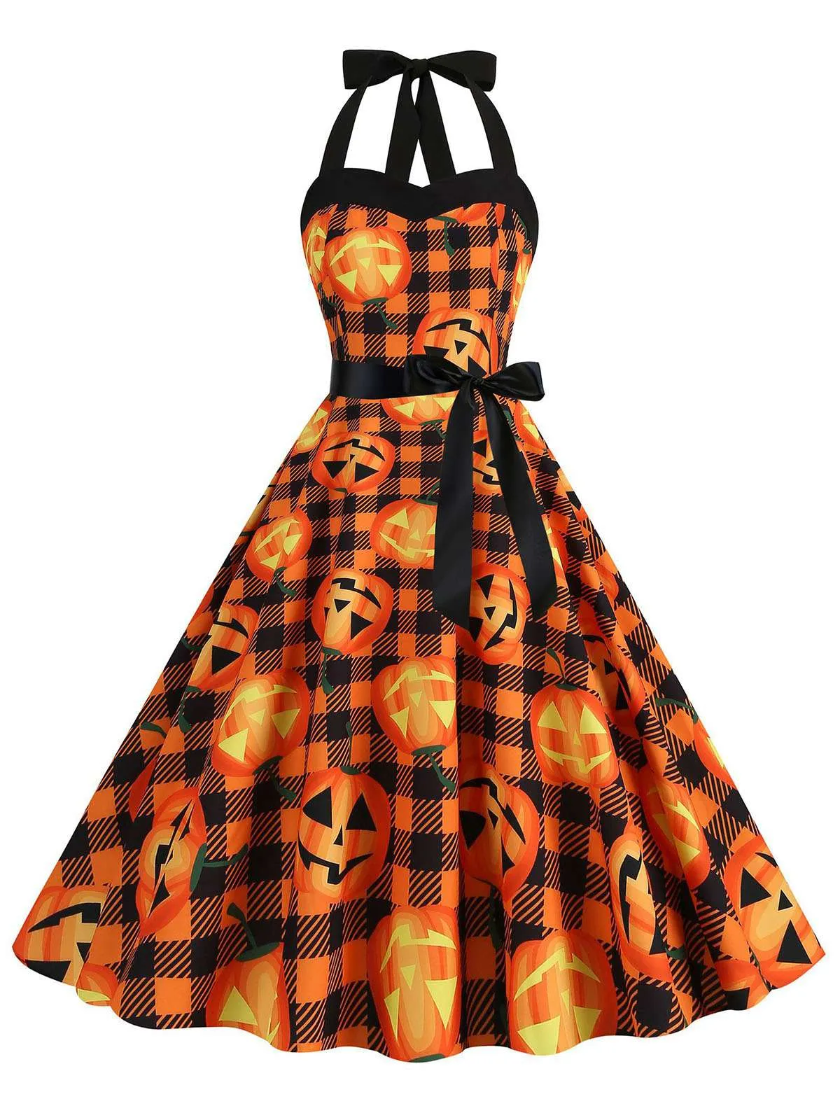 1950s Halloween Pumpkin Face Halter Dress