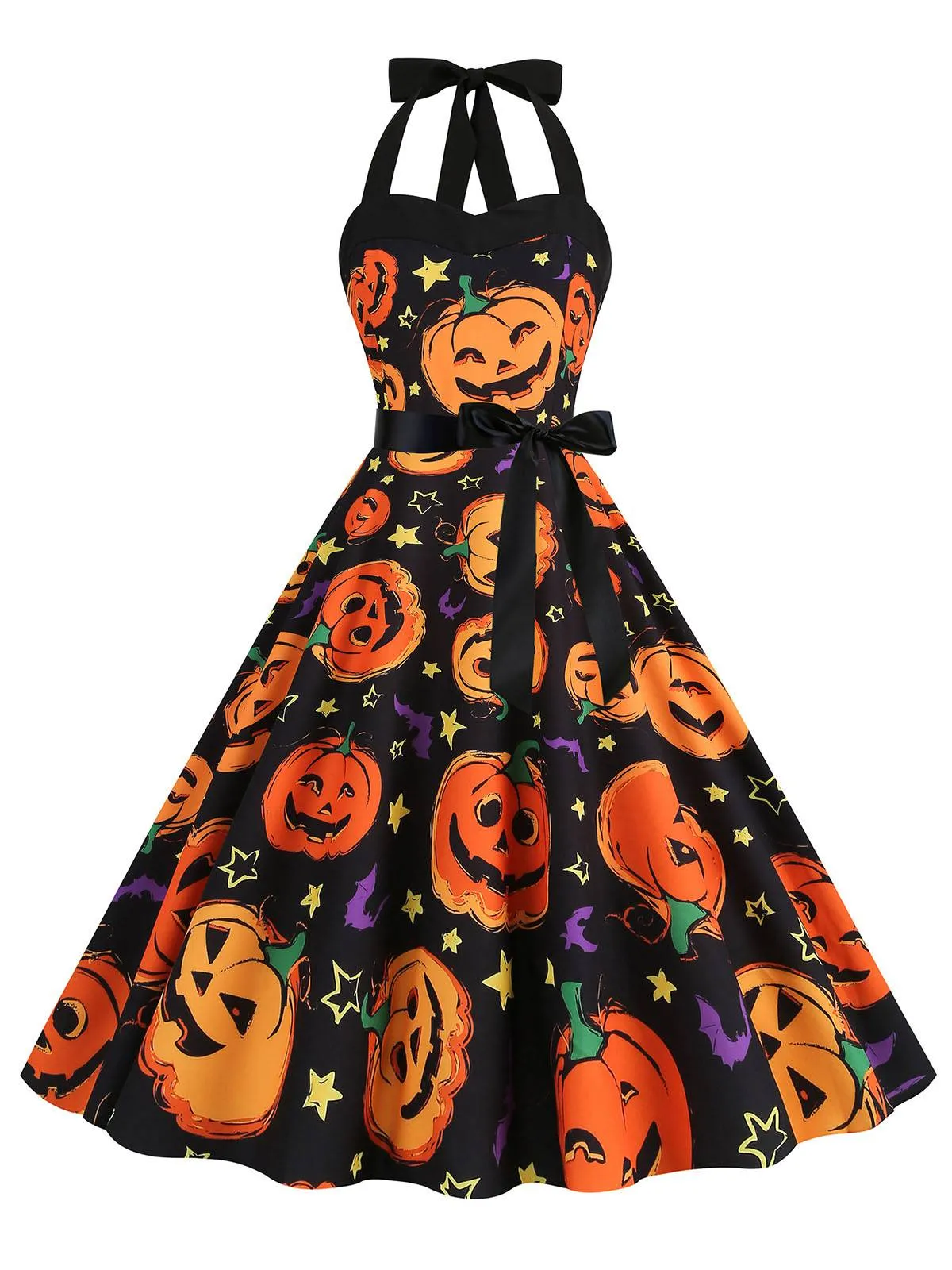 1950s Halloween Pumpkin Face Halter Dress