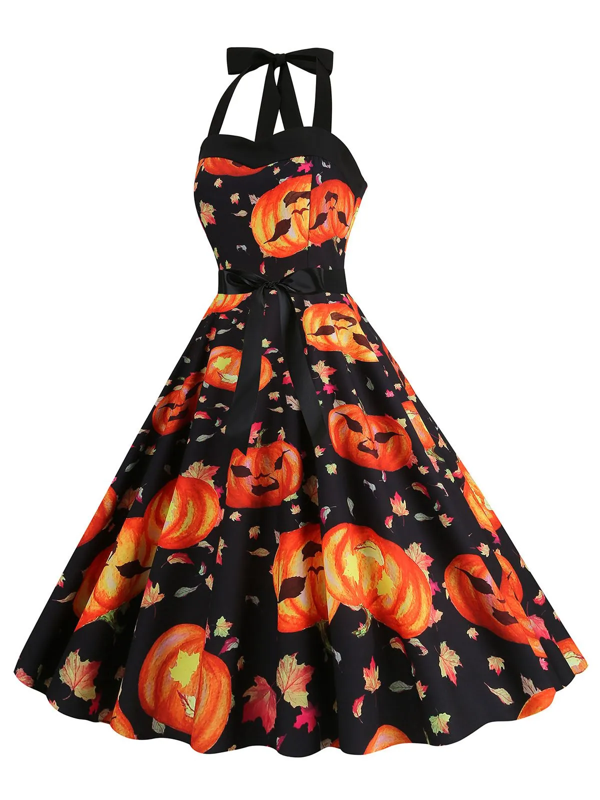 1950s Halloween Pumpkin Face Halter Dress