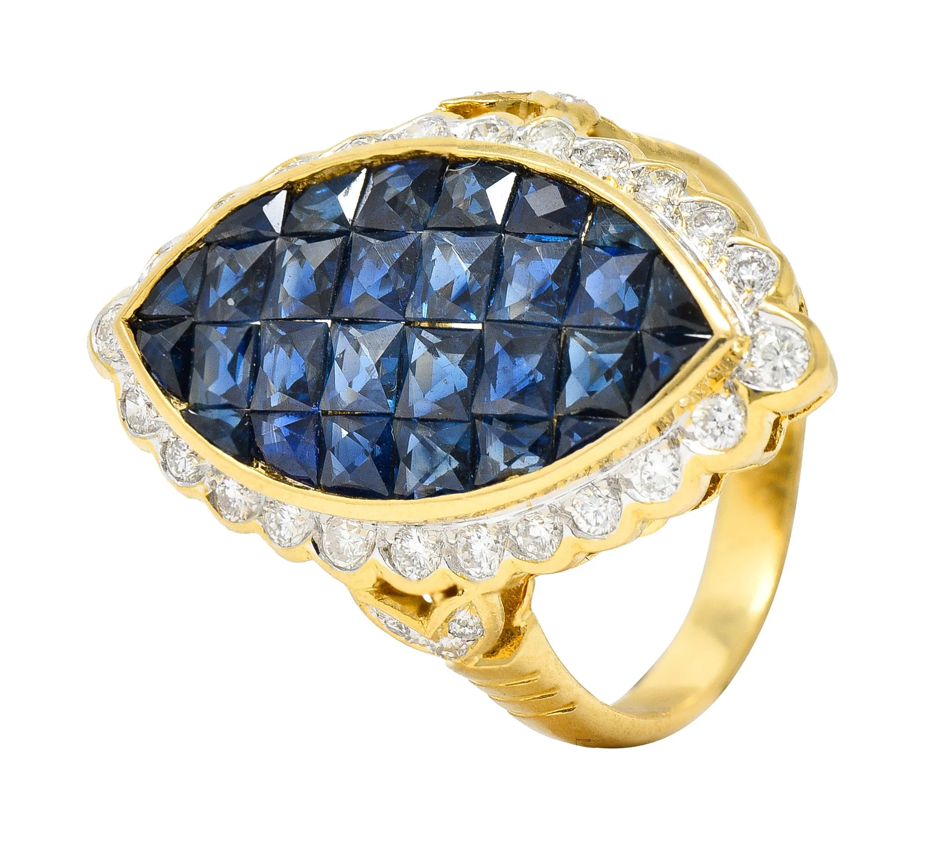 1980's Vintage 4.05 CTW Sapphire Diamond 18 Karat Two-Tone Gold Mystery Set Ring