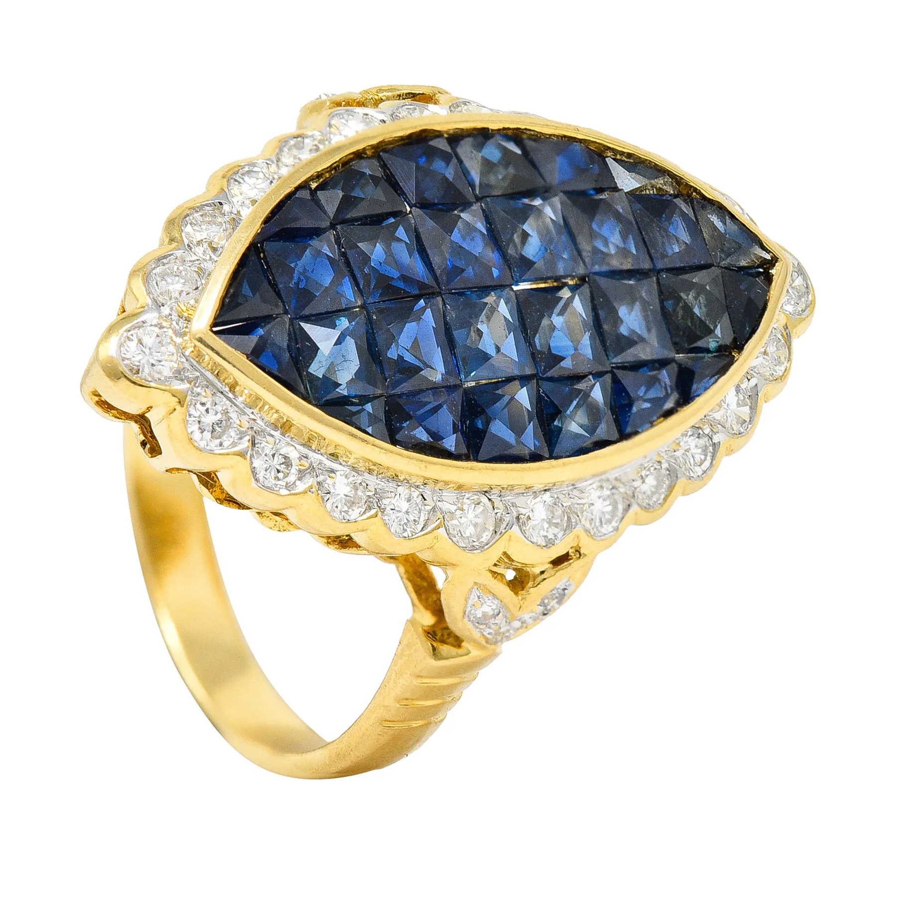 1980's Vintage 4.05 CTW Sapphire Diamond 18 Karat Two-Tone Gold Mystery Set Ring