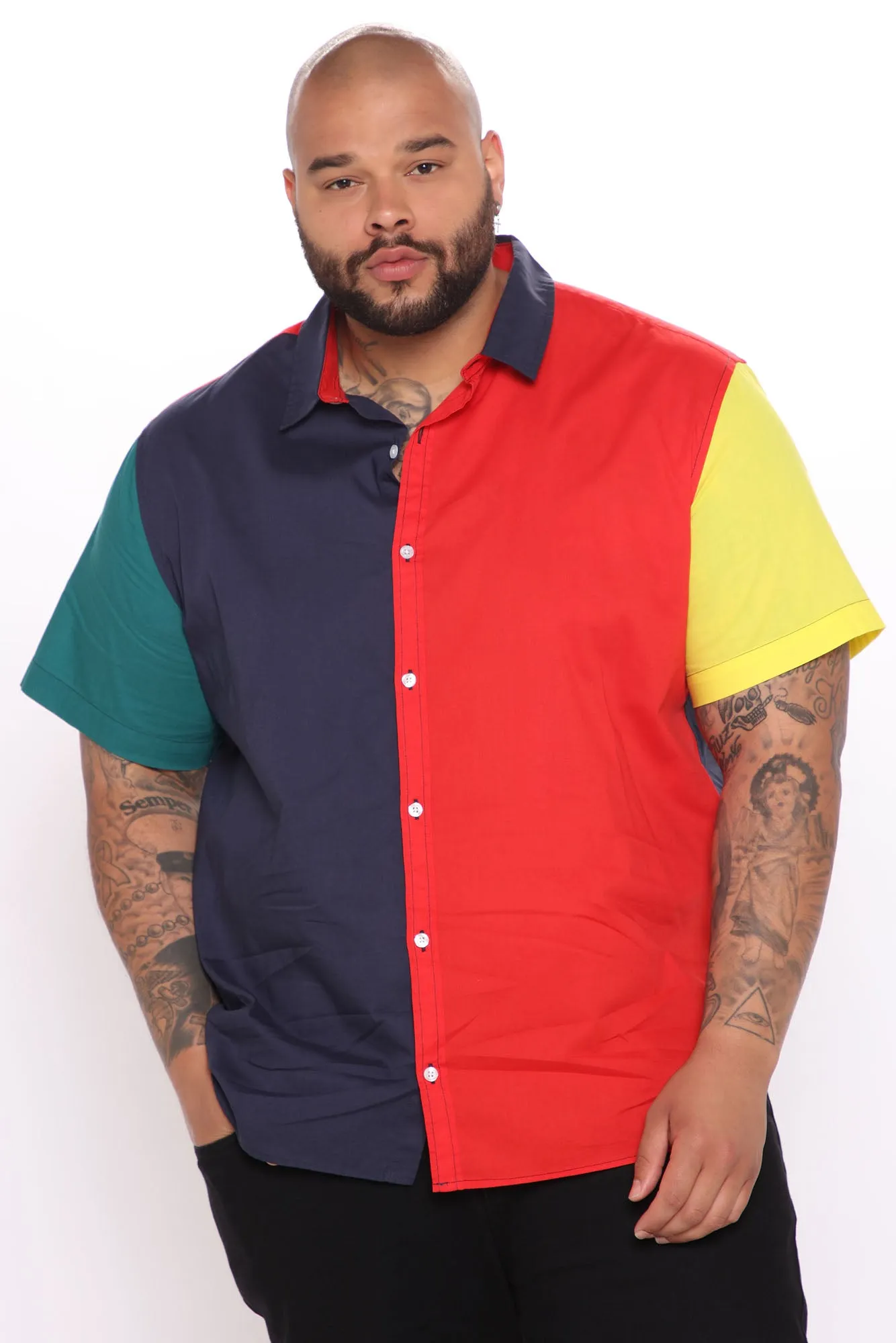 90s Colorblock Short Sleeve Woven Top - Red/combo