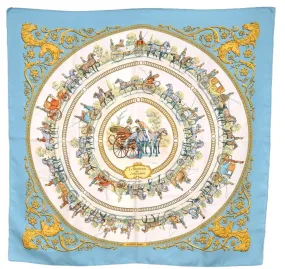 Auth HERMES Carre 90 Scarf "LA PROMENADE DE LONGCHAMPS" Silk Light Blue 7780I