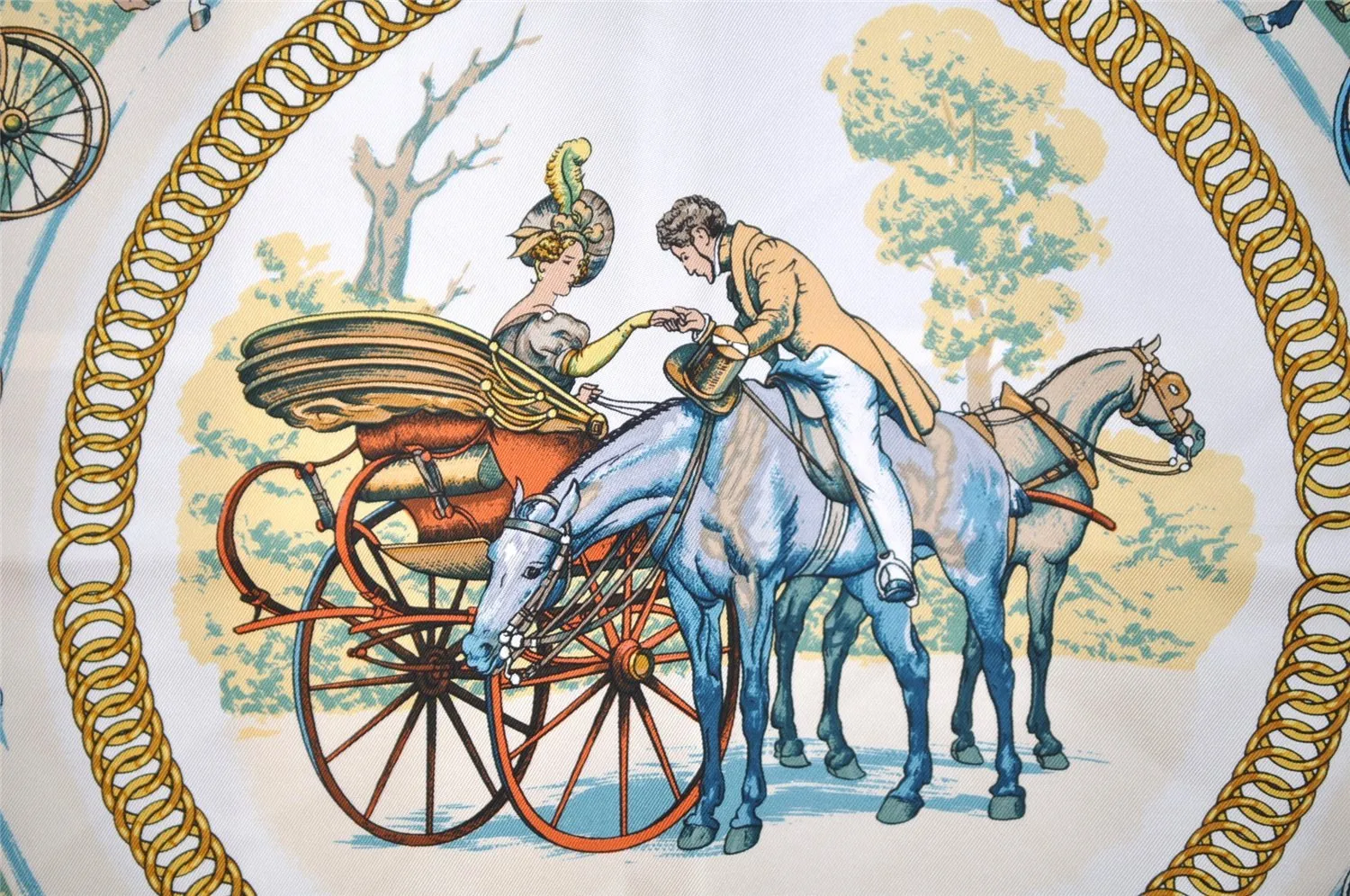 Auth HERMES Carre 90 Scarf "LA PROMENADE DE LONGCHAMPS" Silk Light Blue 7780I