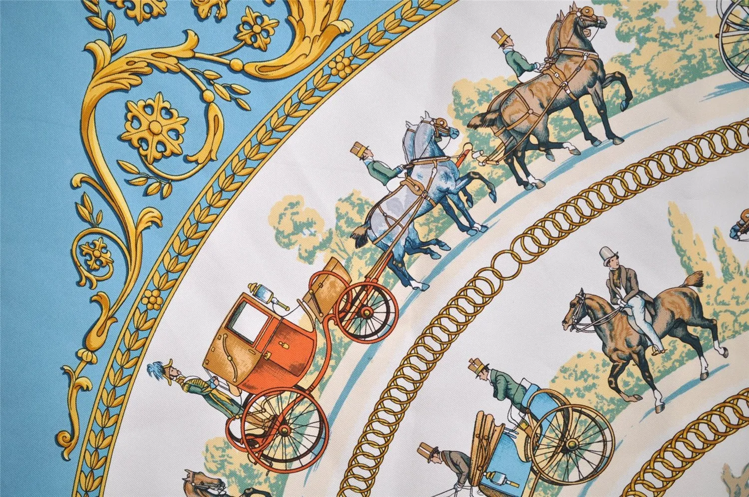 Auth HERMES Carre 90 Scarf "LA PROMENADE DE LONGCHAMPS" Silk Light Blue 7780I