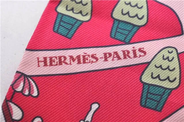 Auth HERMES Twilly Scarf "Les Nouveaux Amoureux de Paris" Silk Green Pink 3103D