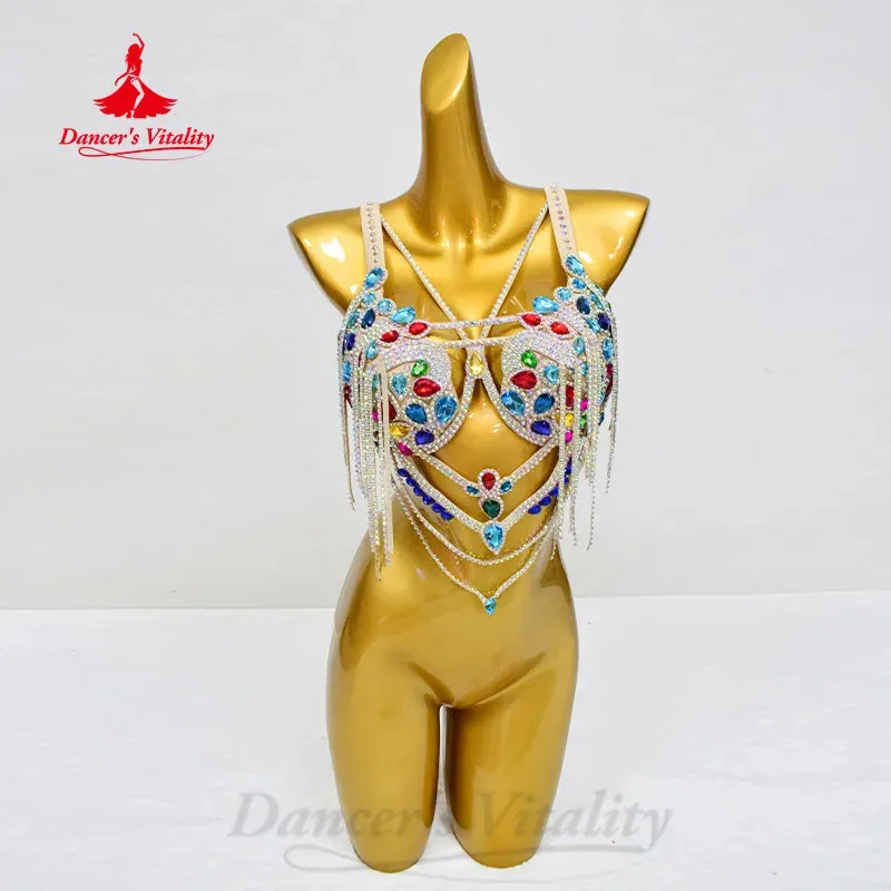 Belly Dance Performance Costume Suit for Women Customized Luxury Full Diamond Tassel Set Oriental Belly Dancing Competition Suit