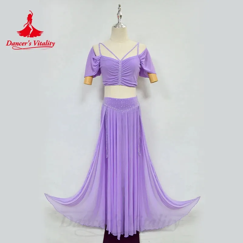 Belly Dance Professional Suit for Women Mesh Short Sleeves Top sexy Split Long Skirt 2pcs Girl's Oriental Belly Dancing Suit