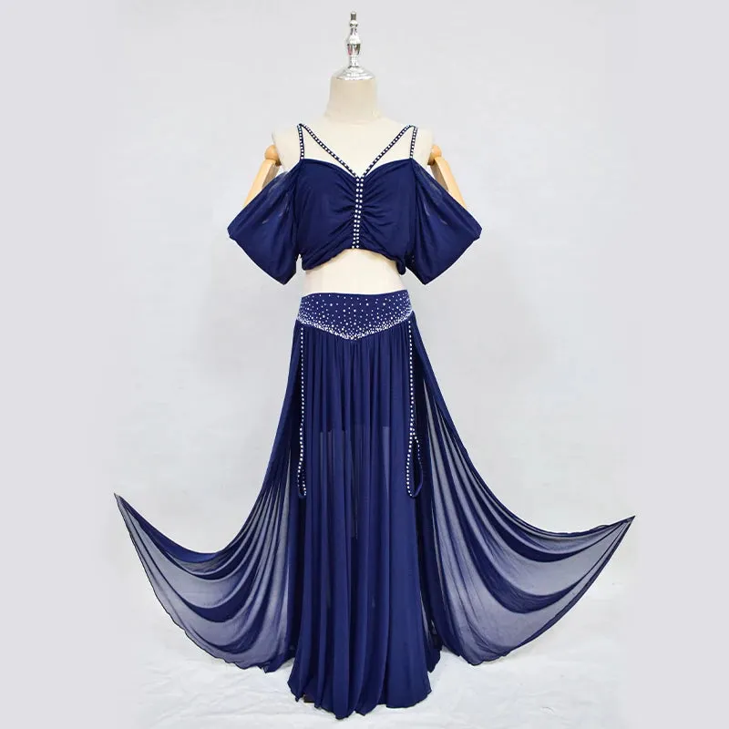 Belly Dance Professional Suit for Women Mesh Short Sleeves Top sexy Split Long Skirt 2pcs Girl's Oriental Belly Dancing Suit