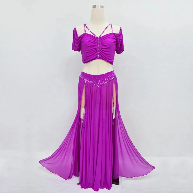 Belly Dance Professional Suit for Women Mesh Short Sleeves Top sexy Split Long Skirt 2pcs Girl's Oriental Belly Dancing Suit