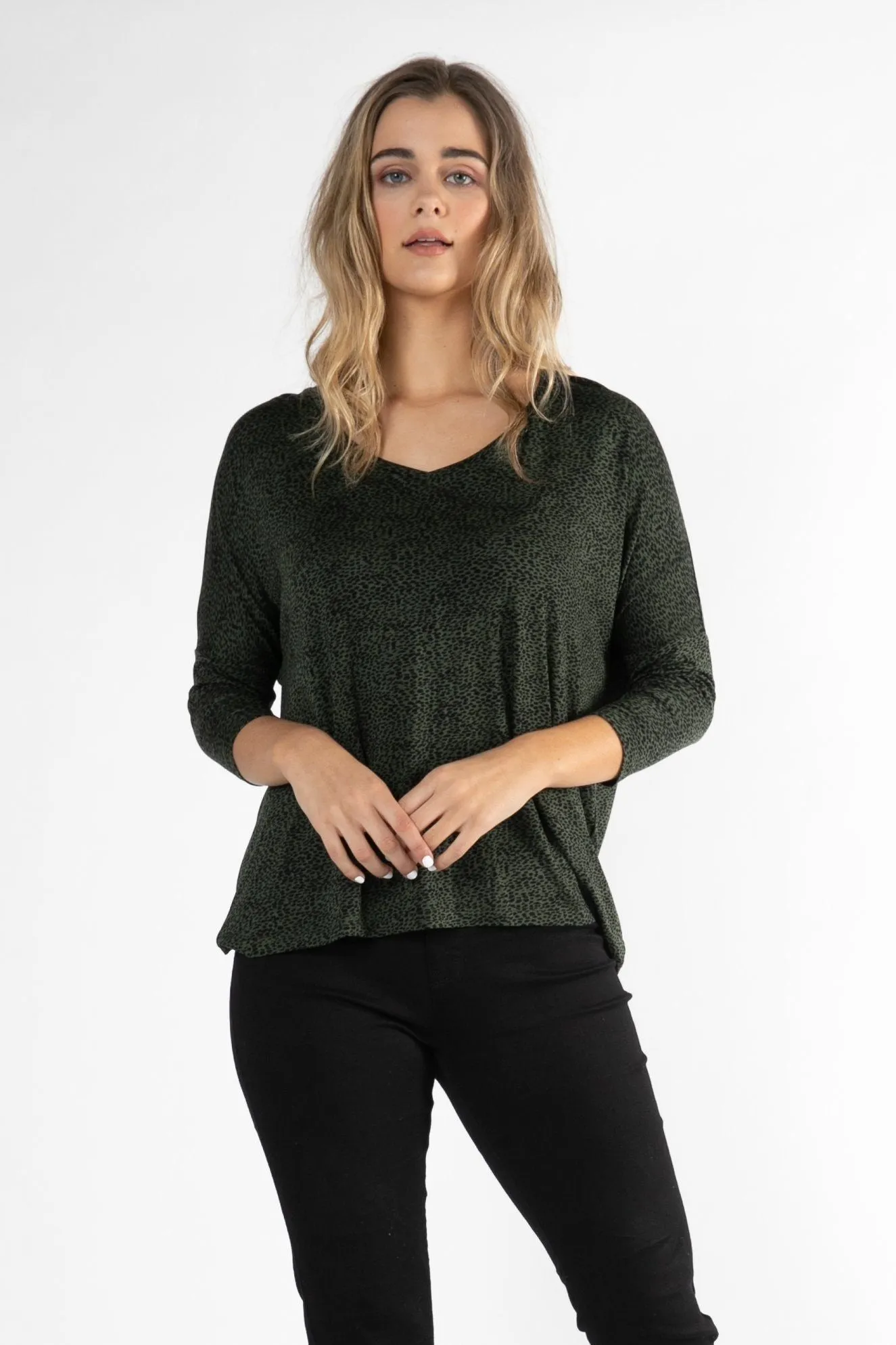 Betty Basics Bilbao Top in Olive / Black Terrain Print