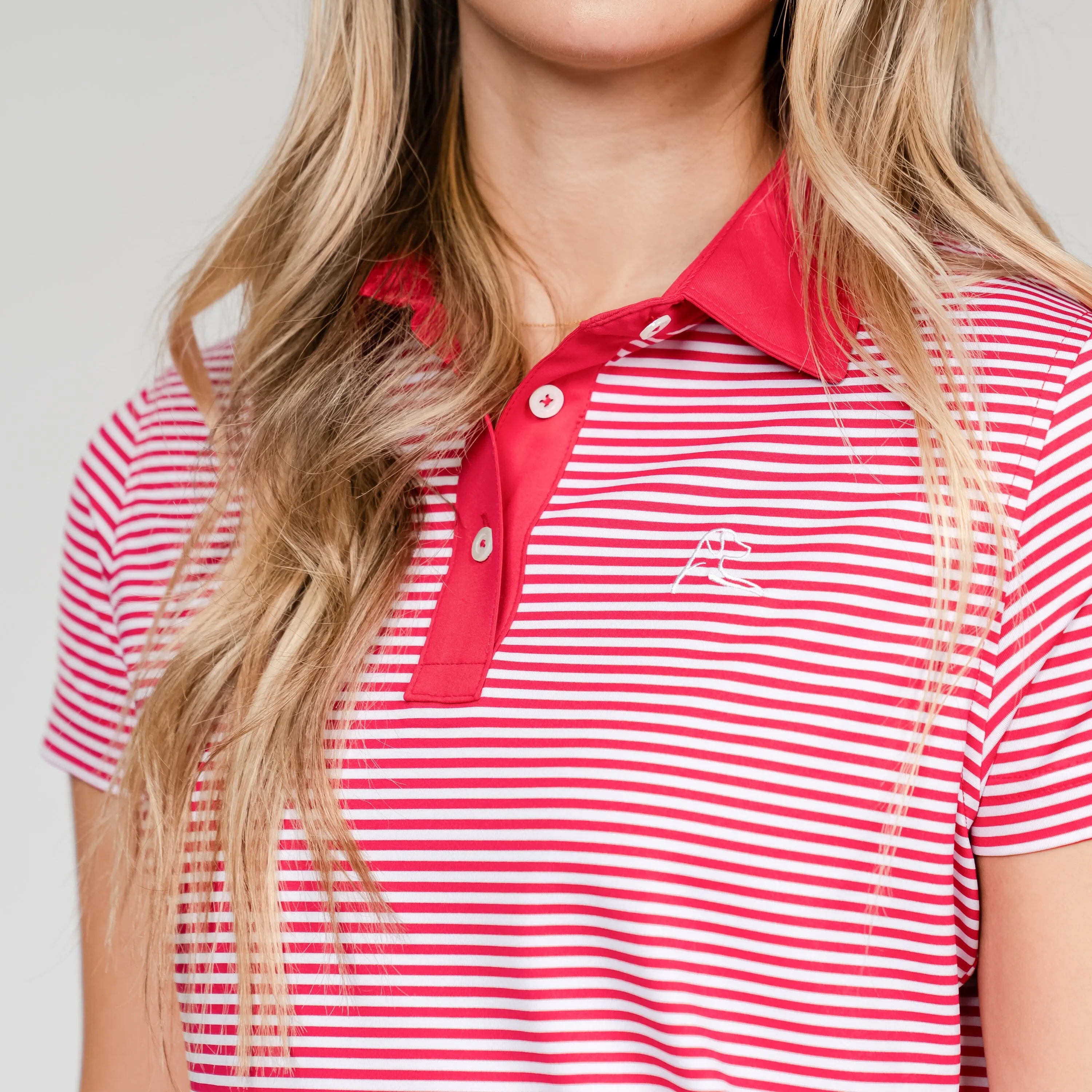 Birdie Stripe Performance Polo | The Birdie Stripe - Hibiscus/White