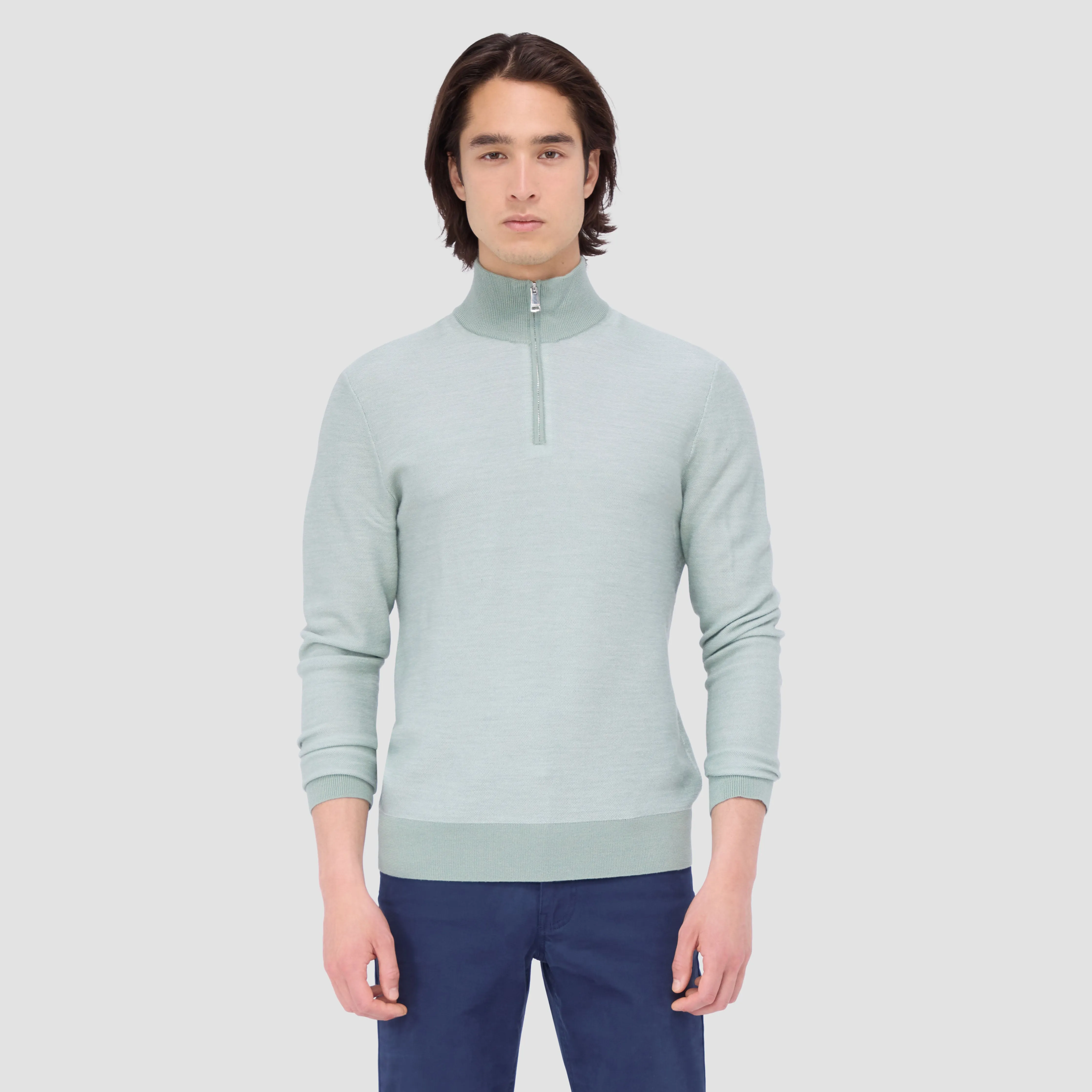 Bird's Eye Jacquard Quarter Zip Mock Neck Sweater