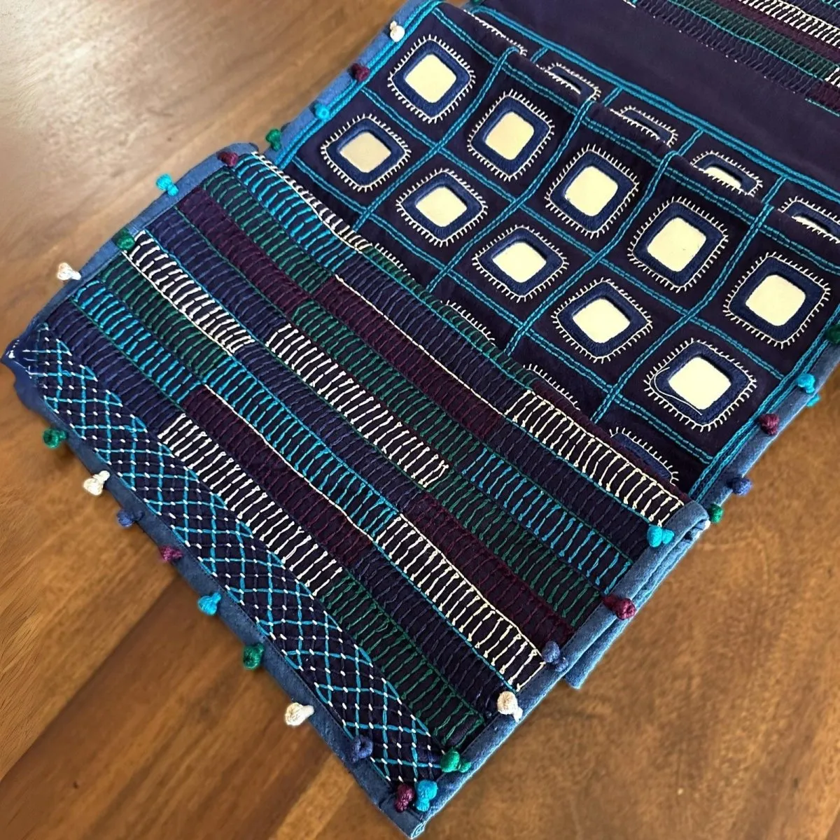 Blue Handwoven Mirror & Thread-Work Table Runner