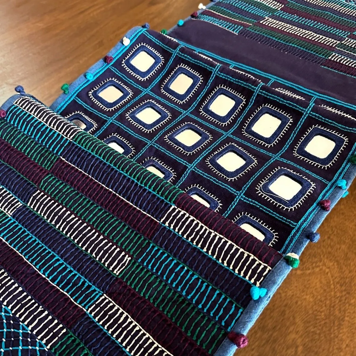 Blue Handwoven Mirror & Thread-Work Table Runner