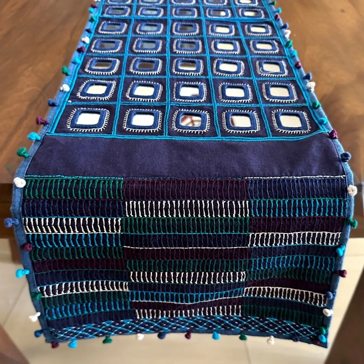 Blue Handwoven Mirror & Thread-Work Table Runner