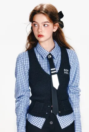 Blue Plaid Waist Shirt/Decorative Button Skirt/Vest BOH0060