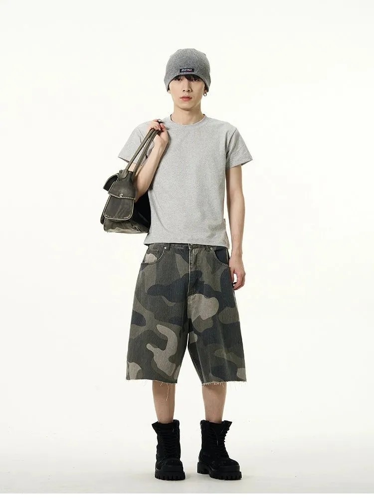 Camo Raw Edge Denim Shorts