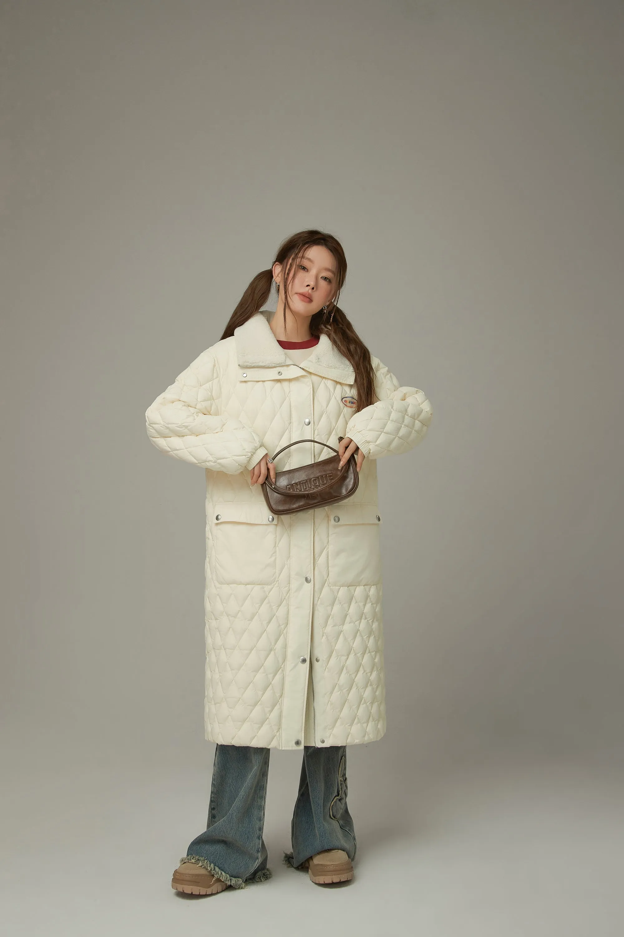 Collar Quilted Padded Long Coat