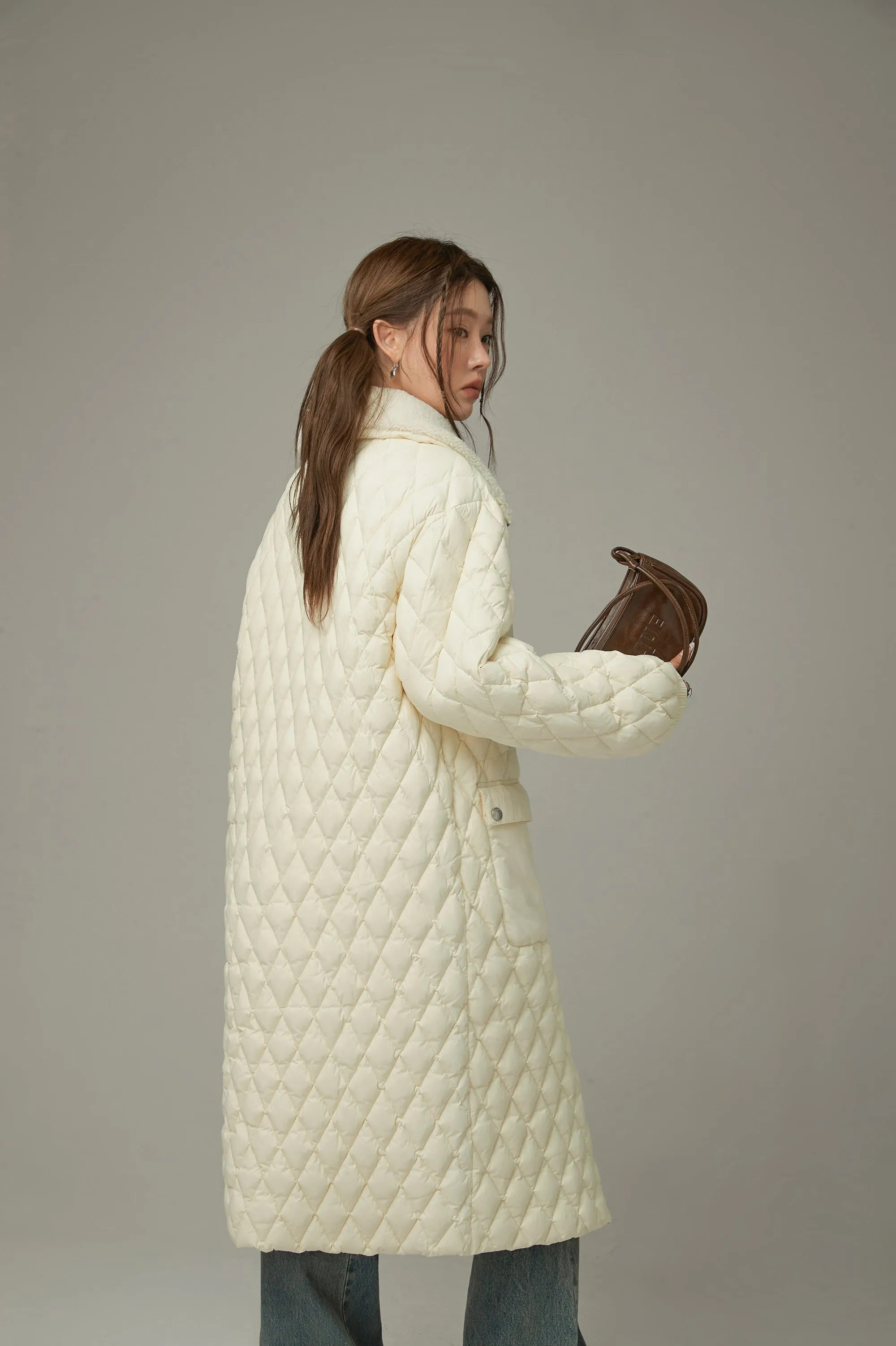 Collar Quilted Padded Long Coat