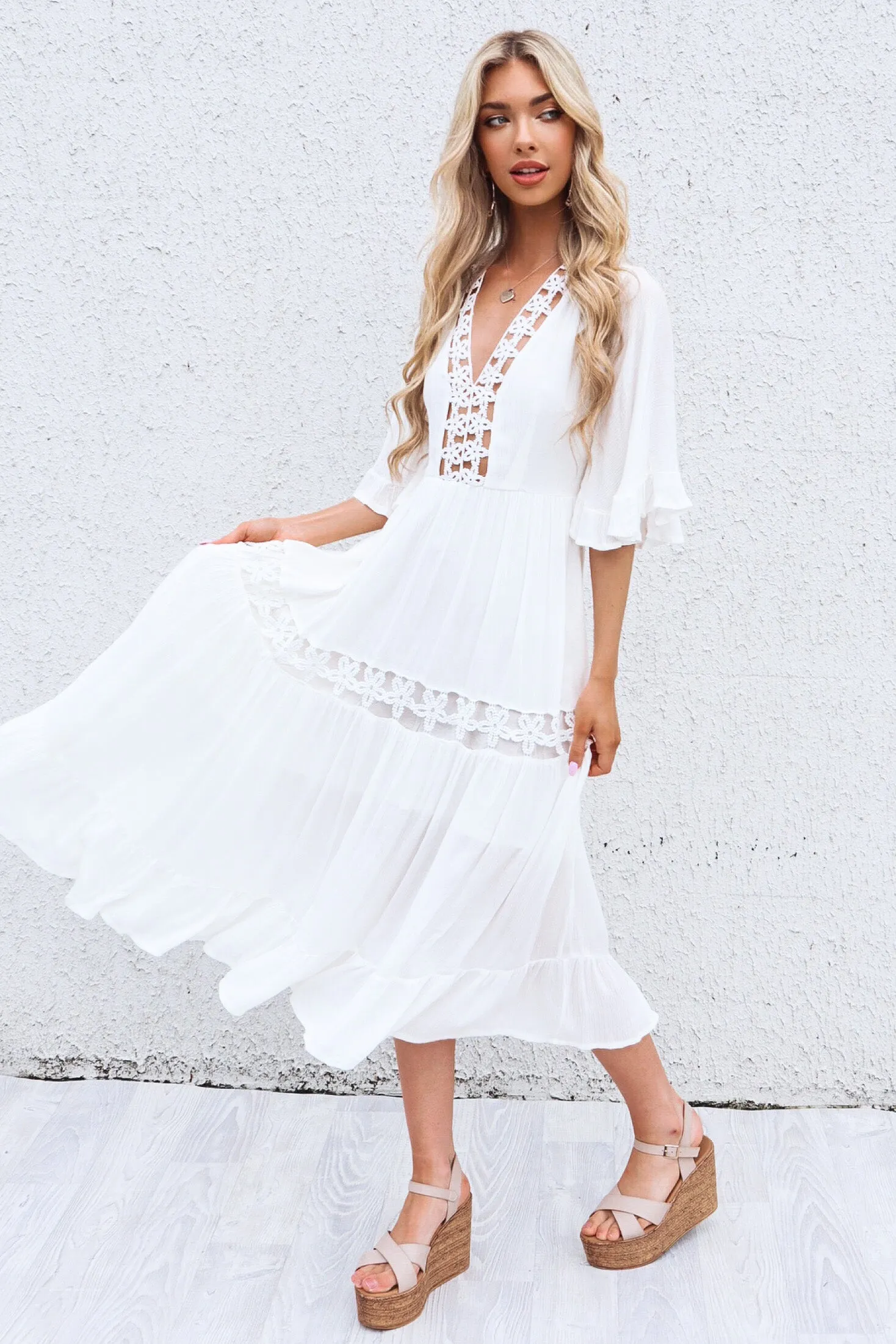 Flora Boho Midi Dress - White