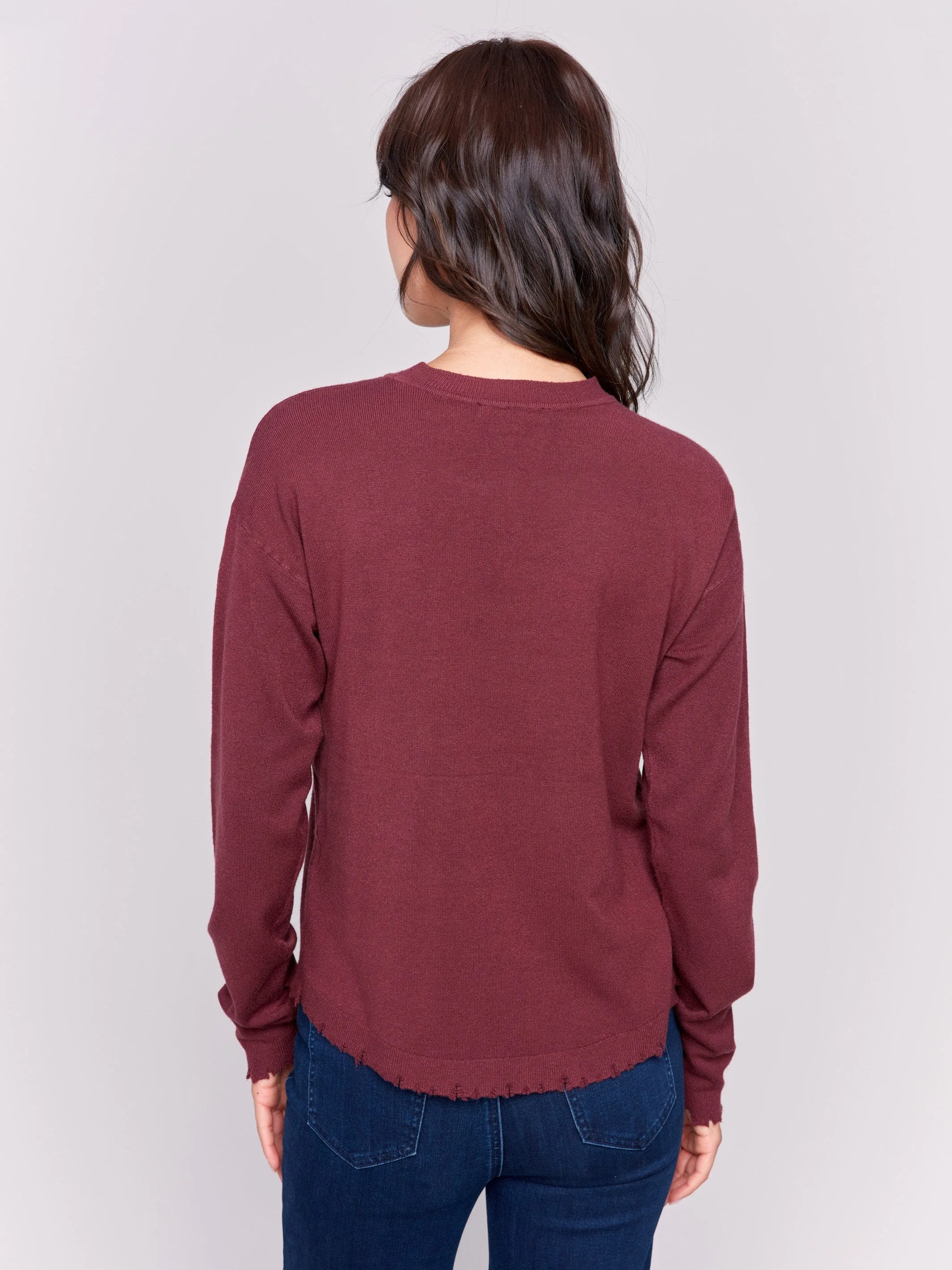 Frayed Edge Round Hem Sweater - Cabernet