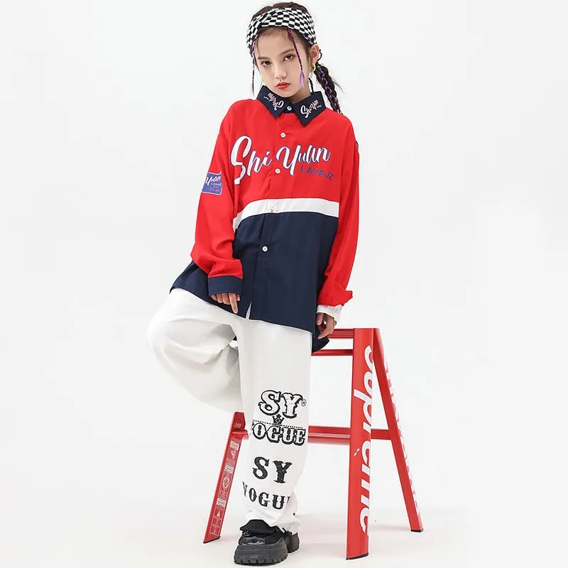 HH146 Kids Hip Hop Outfit -Oversize Shirt -White Cargo Pants For Girls -Boys - Rap Dance Costumes