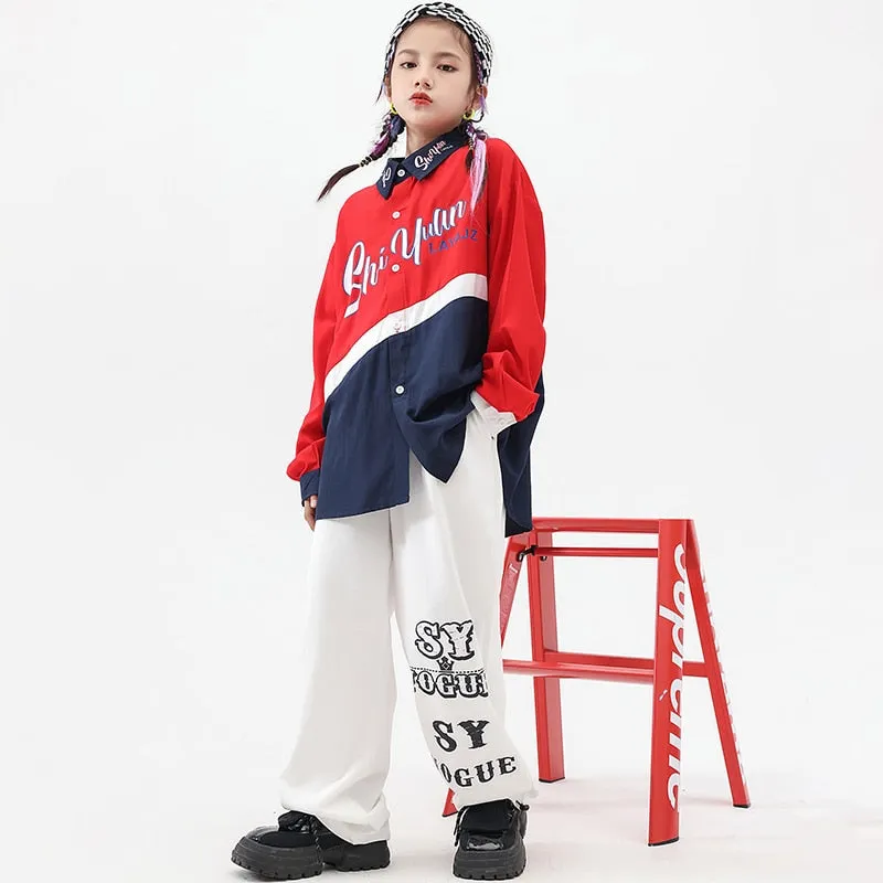 HH146 Kids Hip Hop Outfit -Oversize Shirt -White Cargo Pants For Girls -Boys - Rap Dance Costumes