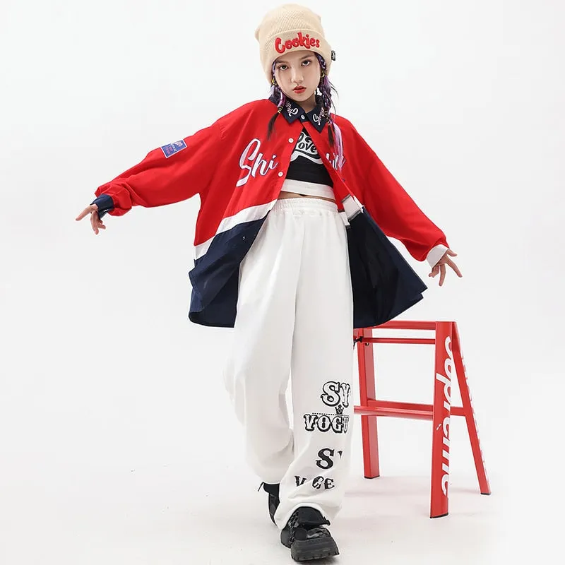 HH146 Kids Hip Hop Outfit -Oversize Shirt -White Cargo Pants For Girls -Boys - Rap Dance Costumes