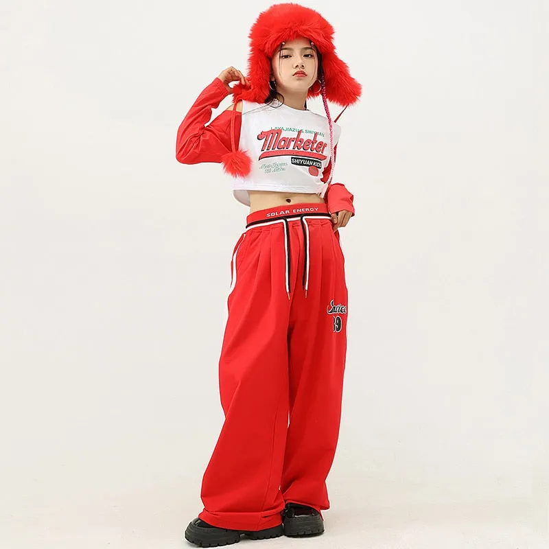 HH462 Kids Hip Hop- Streetwear Outfits -Red/Wht Crop Top- Red Baggy Pants- SOLD SEPERATELY!