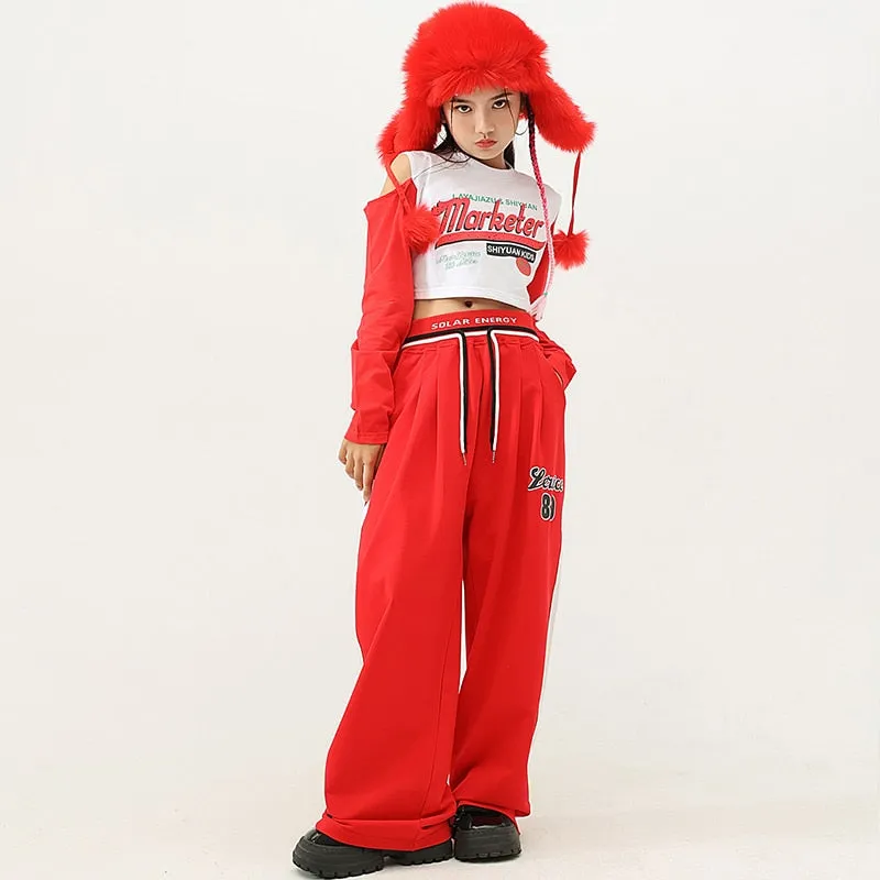 HH462 Kids Hip Hop- Streetwear Outfits -Red/Wht Crop Top- Red Baggy Pants- SOLD SEPERATELY!