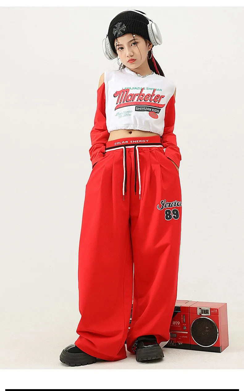 HH462 Kids Hip Hop- Streetwear Outfits -Red/Wht Crop Top- Red Baggy Pants- SOLD SEPERATELY!