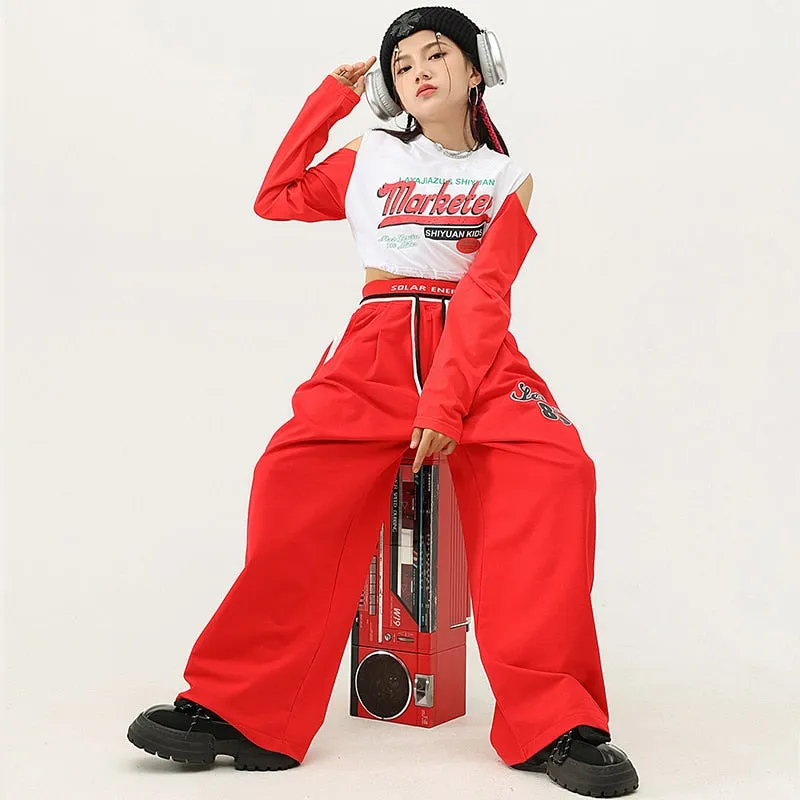 HH462 Kids Hip Hop- Streetwear Outfits -Red/Wht Crop Top- Red Baggy Pants- SOLD SEPERATELY!