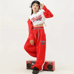 HH462 Kids Hip Hop- Streetwear Outfits -Red/Wht Crop Top- Red Baggy Pants- SOLD SEPERATELY!