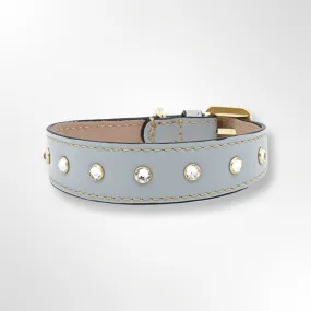 Hundehalsband Leder mit Strasssteinen Gold Edition Marseille Hellblau