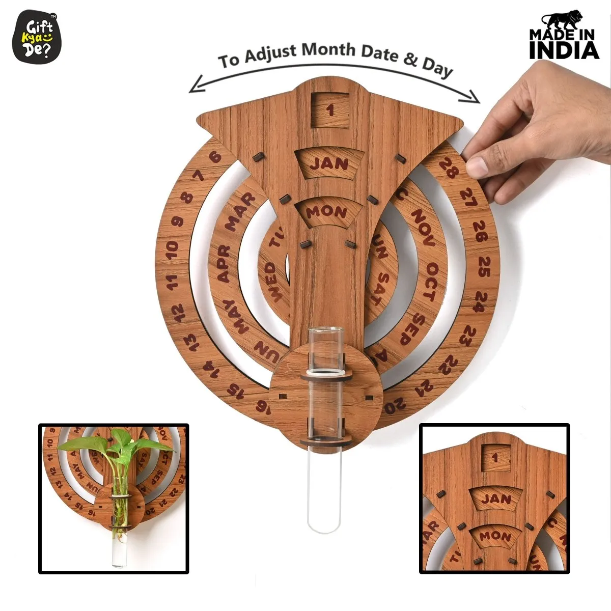 Infinite Circular Wall Calendar (Dark Wood Theme) | Wood Calendar & Test Tube Planter | New Year Gift