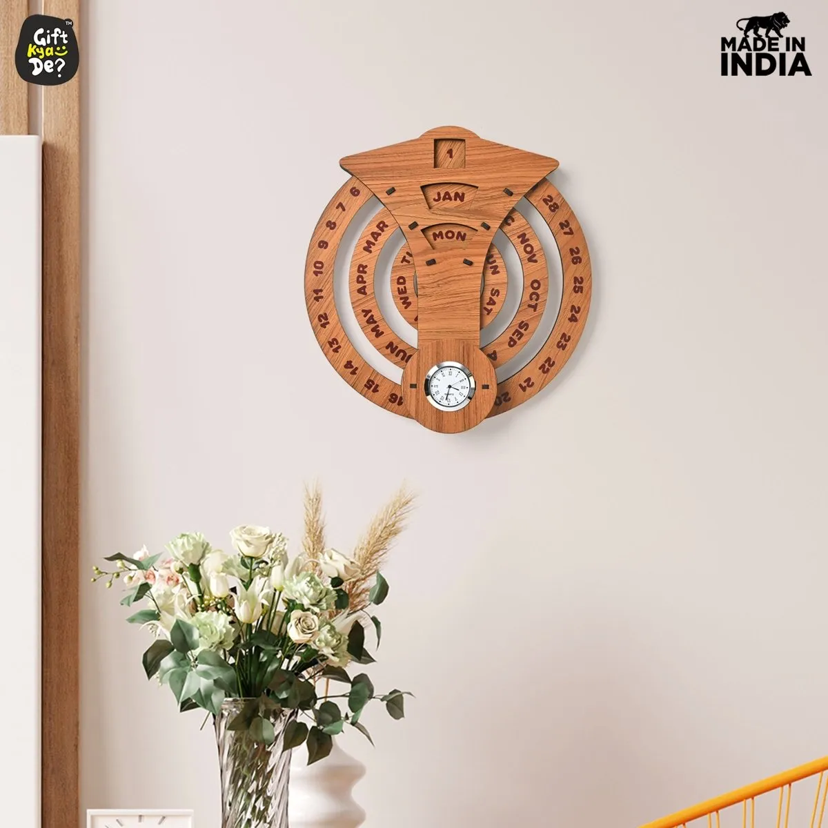 Infinite Circular Wall Calendar (Dark Wood Theme) | Wood Calendar & Test Tube Planter | New Year Gift