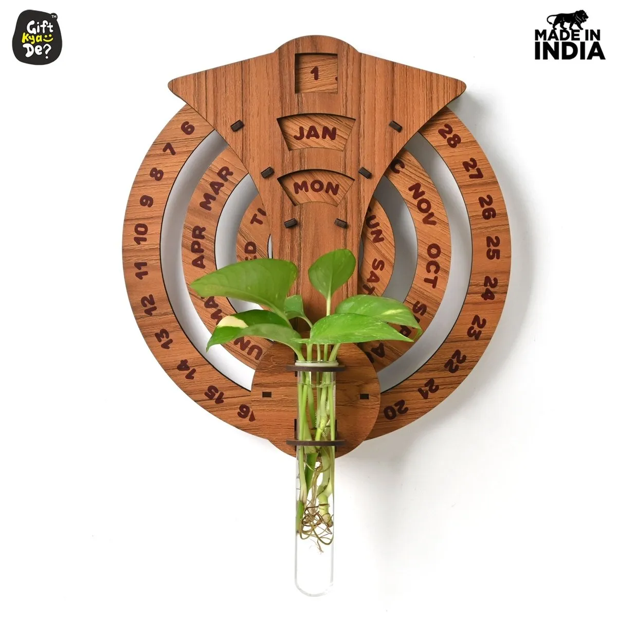 Infinite Circular Wall Calendar (Dark Wood Theme) | Wood Calendar & Test Tube Planter | New Year Gift