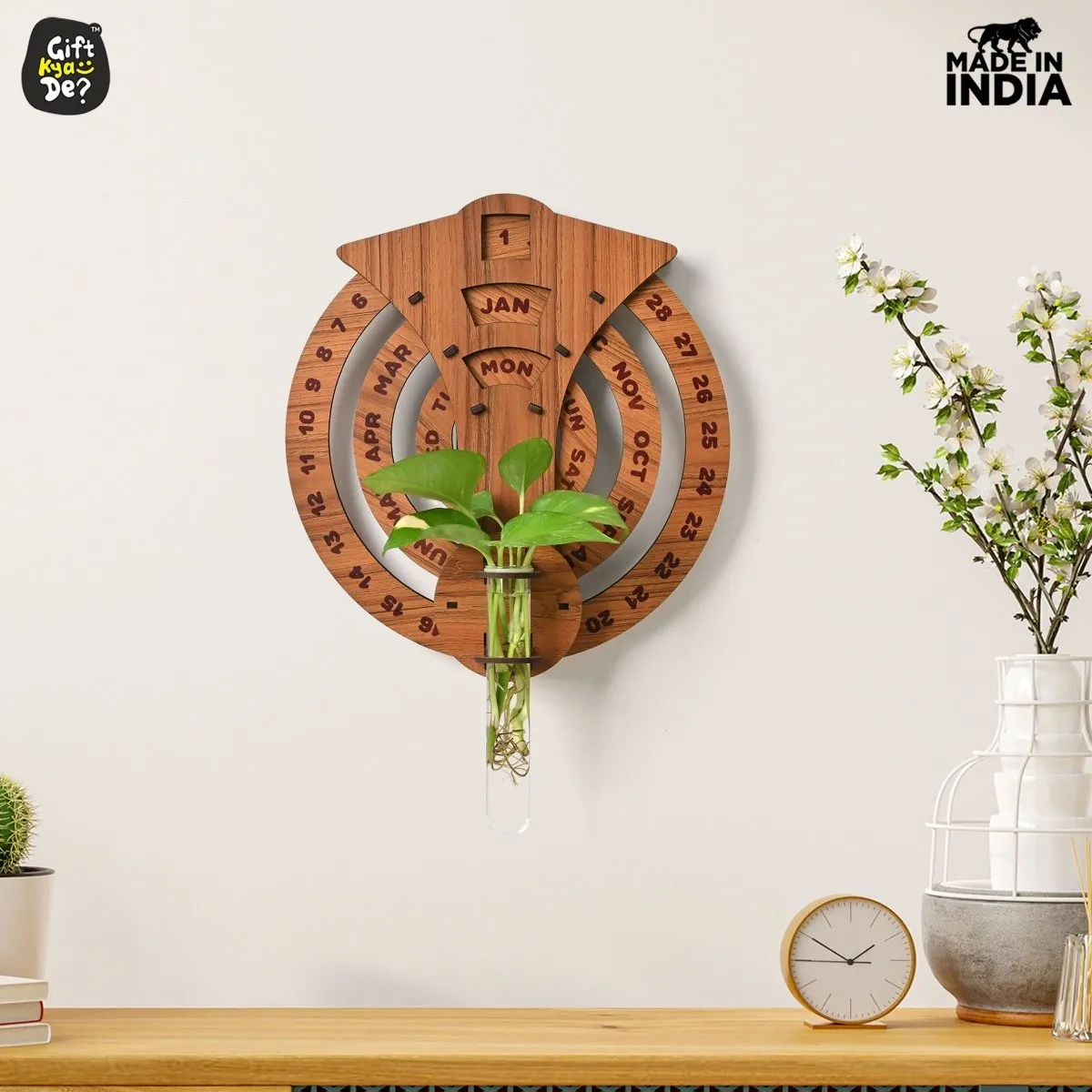 Infinite Circular Wall Calendar (Dark Wood Theme) | Wood Calendar & Test Tube Planter | New Year Gift