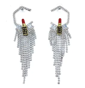 LIPSTICK STUD CRYSTAL TASSEL DROP EARRINGS