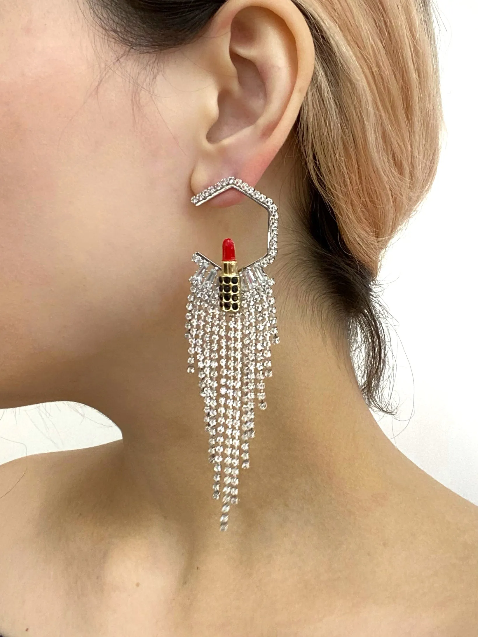 LIPSTICK STUD CRYSTAL TASSEL DROP EARRINGS