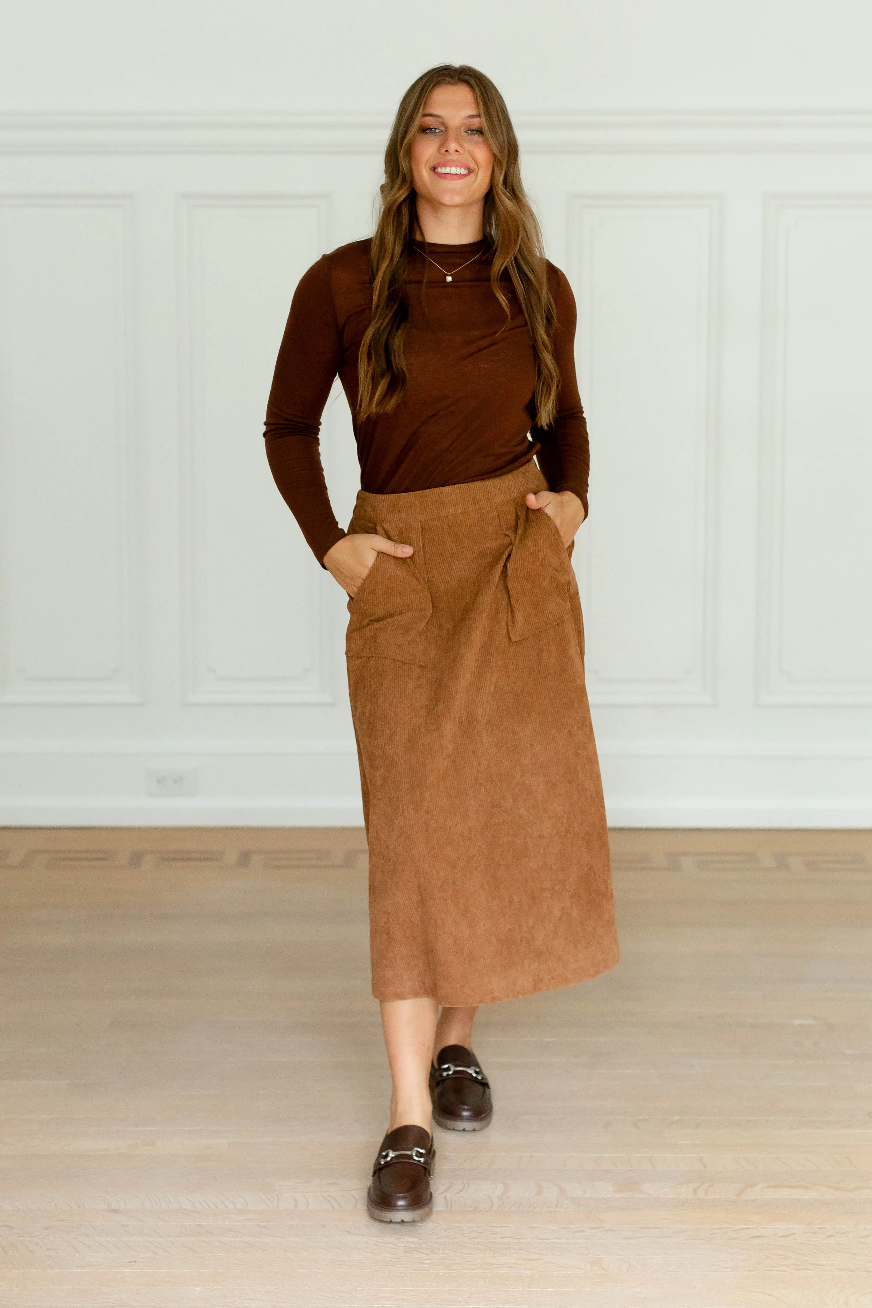 'Maple' Corduroy A-Line Midi Skirt in Brown