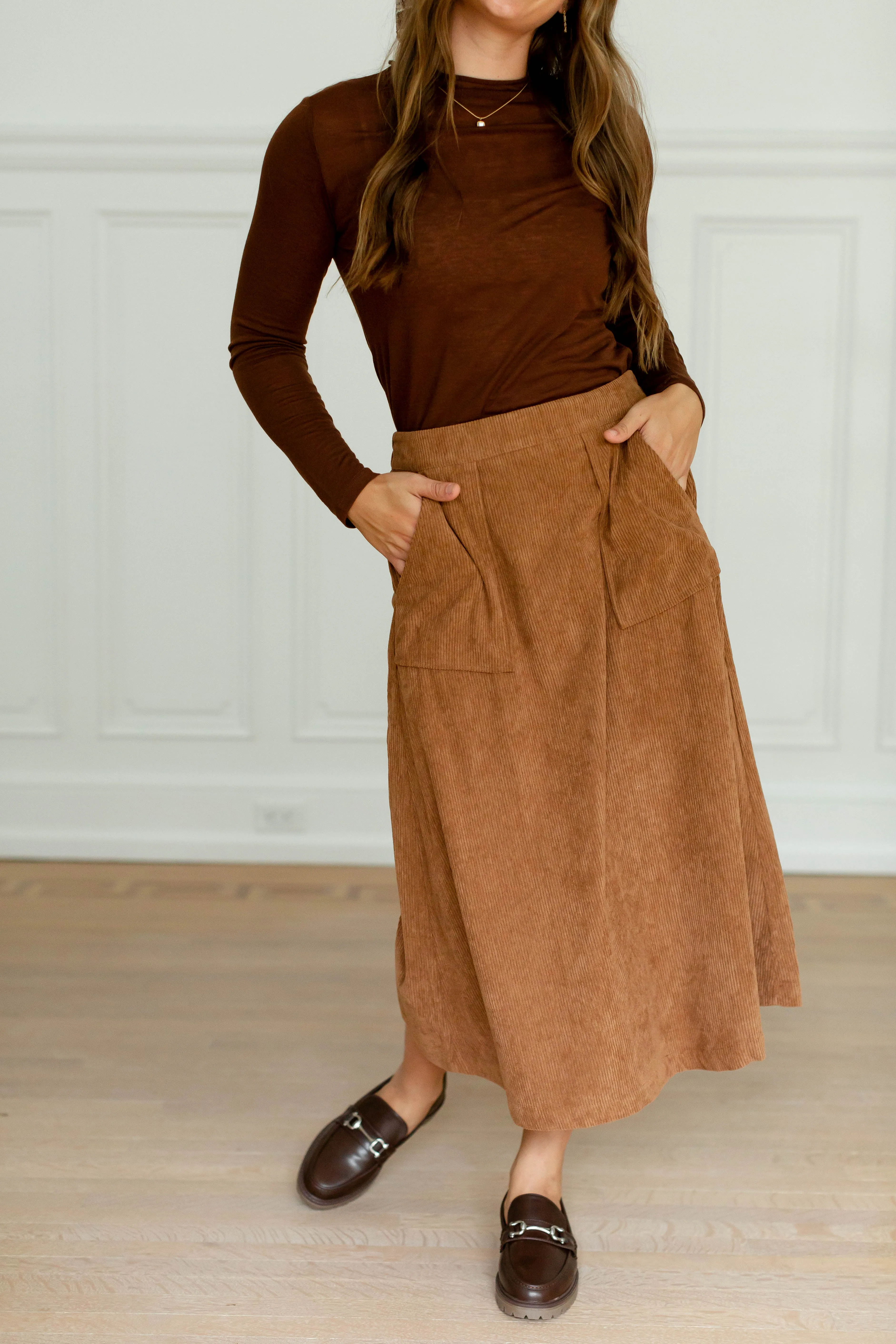 'Maple' Corduroy A-Line Midi Skirt in Brown