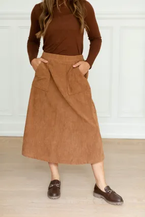 'Maple' Corduroy A-Line Midi Skirt in Brown