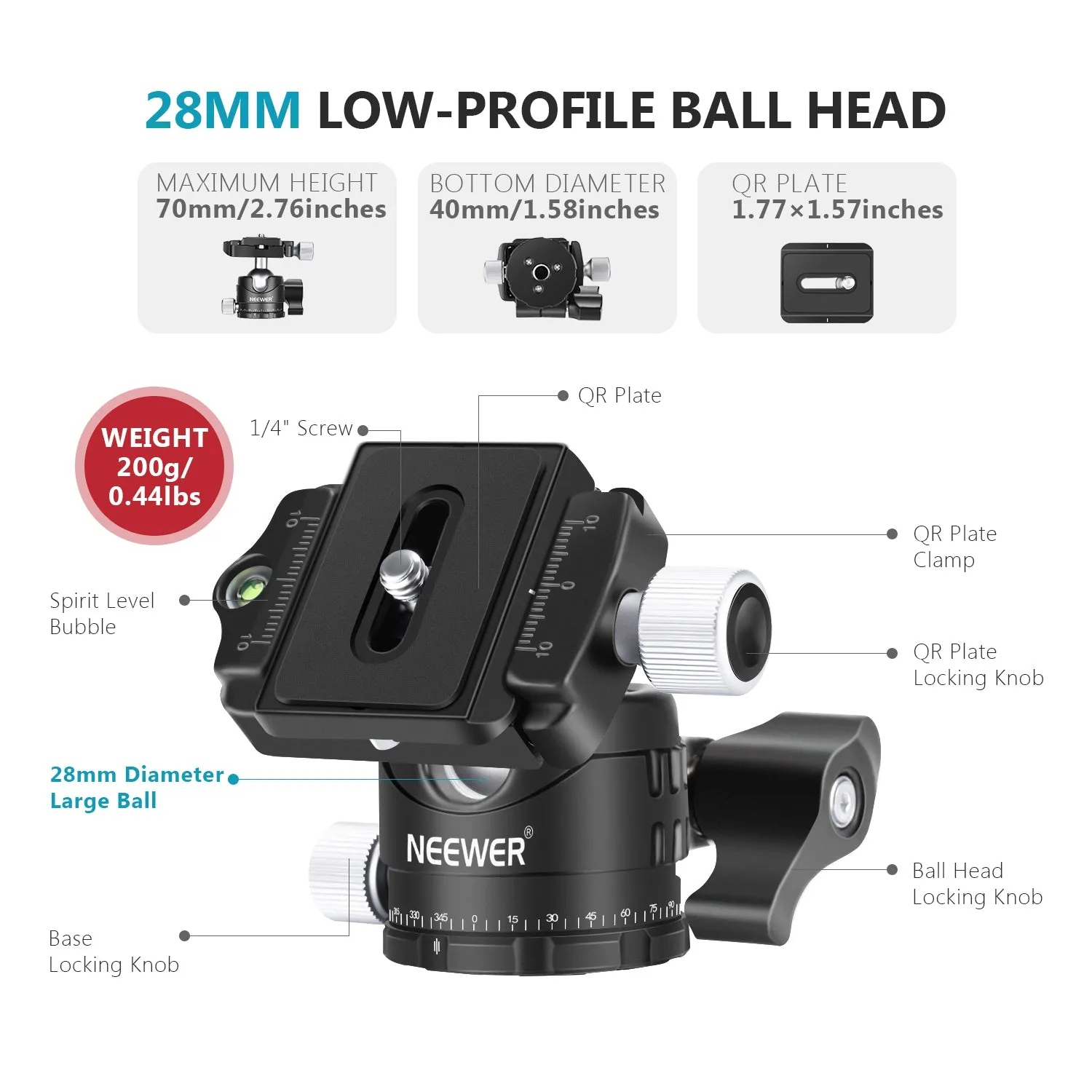 NEEWER GM-LO28-DK 28mm Low Profile Tripod Ball Head