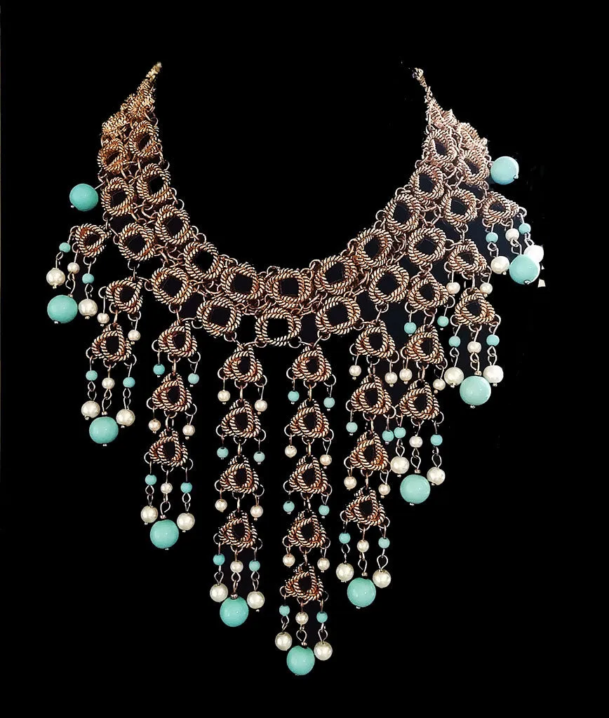 *NEW WITH TAG -  STUNNING LARGE CHICO'S CLEOPATRA LOOK TURQUOISE BEAD & PEARL BIB NECKLACE AND EARRINGS SET - WOULD MAKE A WONDERFUL CHRISTMAS OR BIRTHDAY GIFT