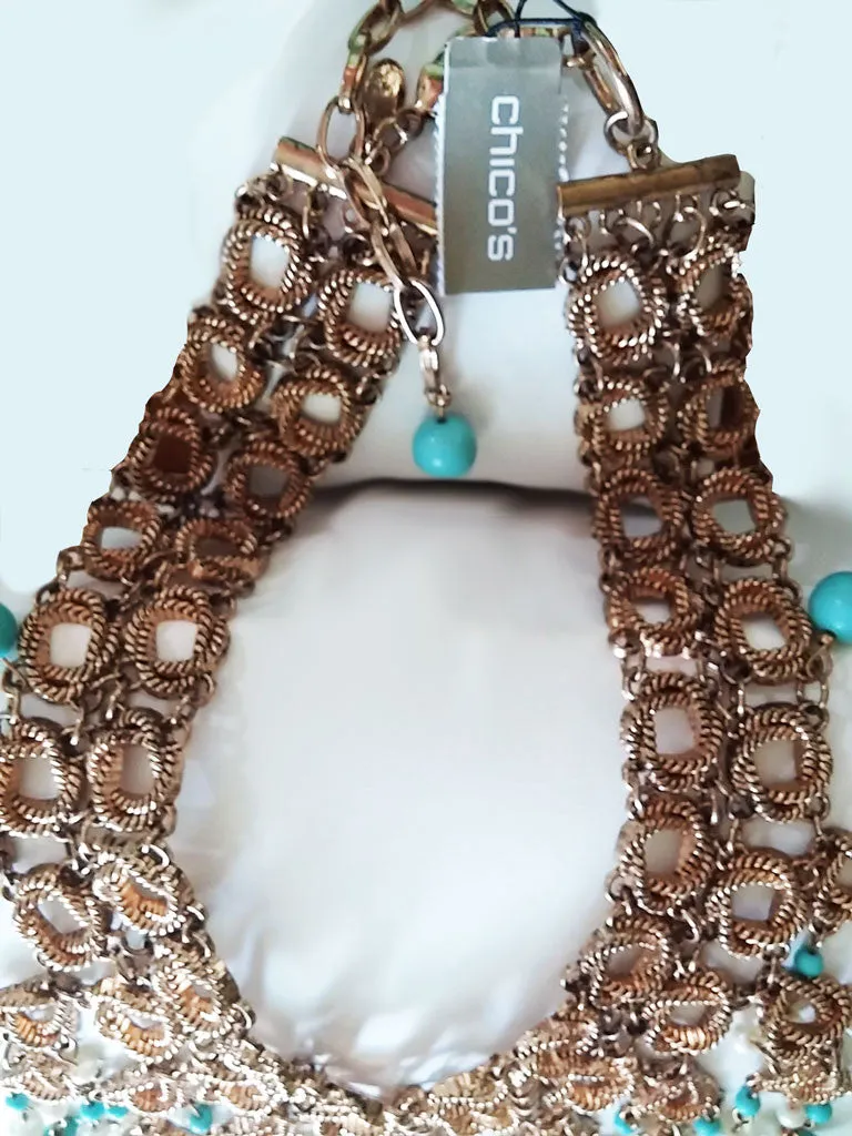 *NEW WITH TAG -  STUNNING LARGE CHICO'S CLEOPATRA LOOK TURQUOISE BEAD & PEARL BIB NECKLACE AND EARRINGS SET - WOULD MAKE A WONDERFUL CHRISTMAS OR BIRTHDAY GIFT