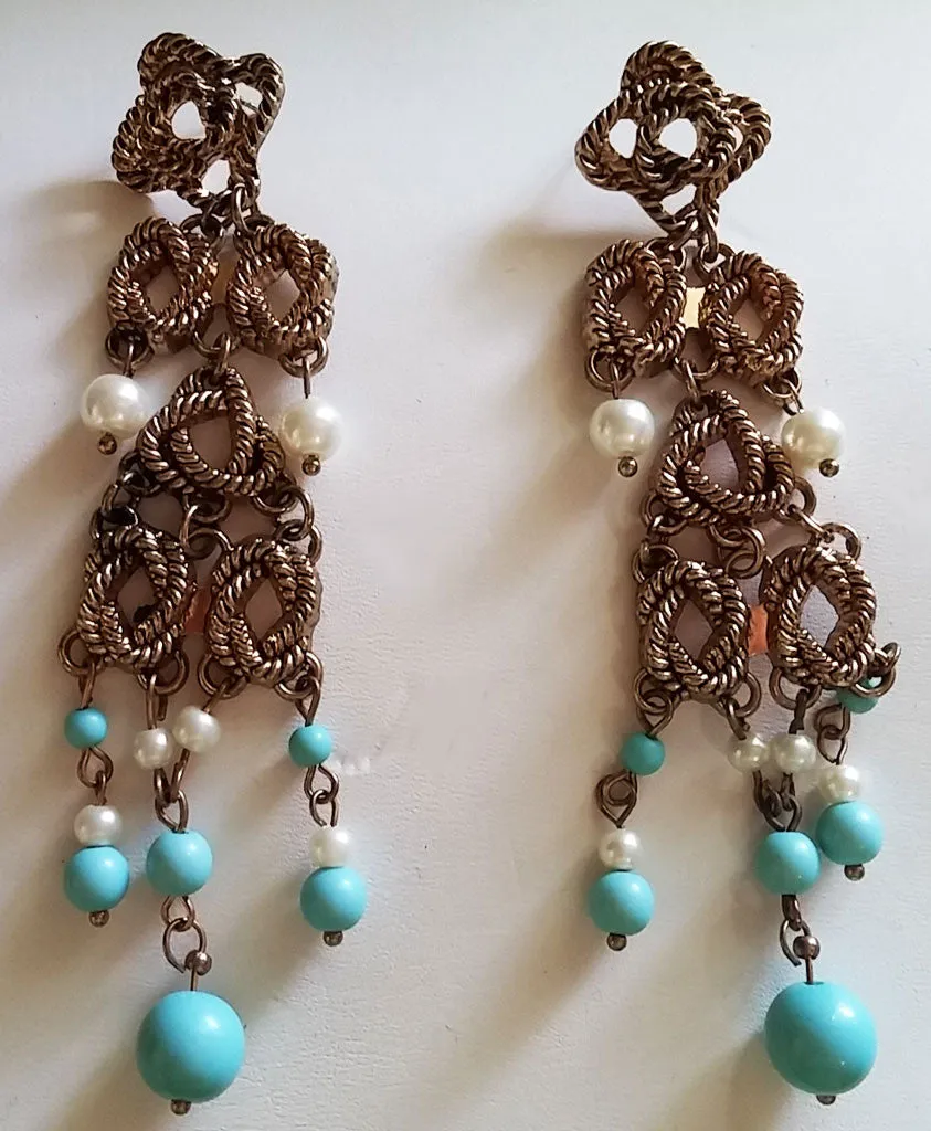 *NEW WITH TAG -  STUNNING LARGE CHICO'S CLEOPATRA LOOK TURQUOISE BEAD & PEARL BIB NECKLACE AND EARRINGS SET - WOULD MAKE A WONDERFUL CHRISTMAS OR BIRTHDAY GIFT