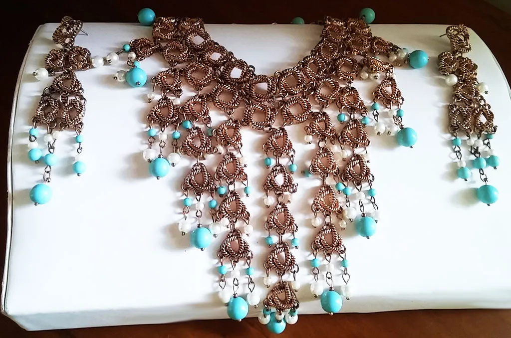 *NEW WITH TAG -  STUNNING LARGE CHICO'S CLEOPATRA LOOK TURQUOISE BEAD & PEARL BIB NECKLACE AND EARRINGS SET - WOULD MAKE A WONDERFUL CHRISTMAS OR BIRTHDAY GIFT